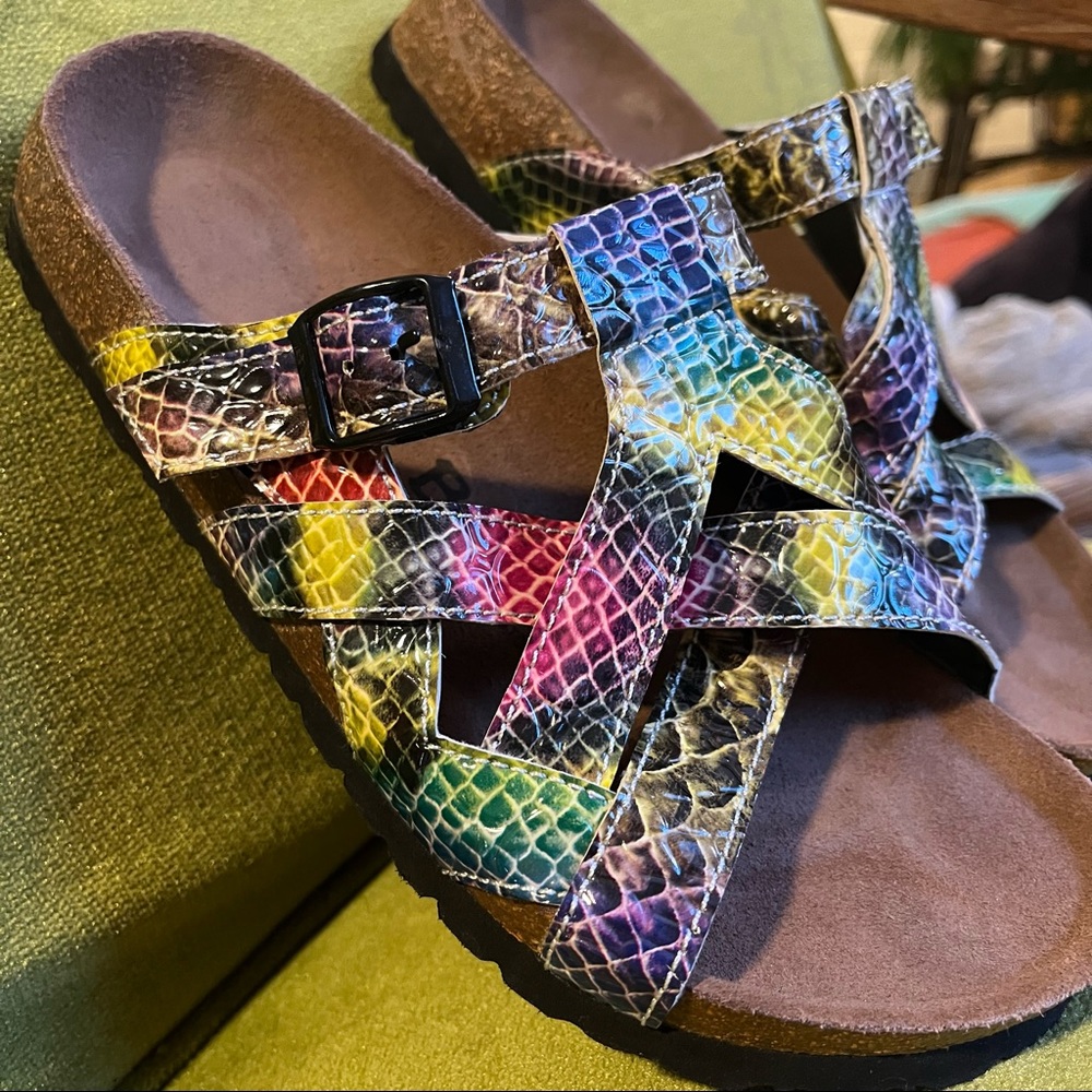 Birkenstock Betula Womans Sandals Slide Strappy Rainbow Snake Skin Size 38-L7 M5